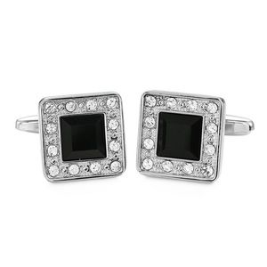 Elegant Black Obsidian and Silver Crystal Square Cufflinks